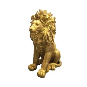 ホームガーデンデコレーションゴールドカラーマイティアフリカ野生動物彫刻グラスファイバー樹脂等身大ライオン像