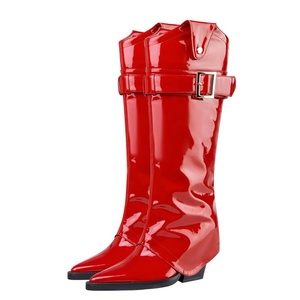 Cow Boy Western Styles Women Red Patent <b>Knee</b> <b>High</b> Boots 7.5cm Chunky Heels Overlay Booties Buckles Pants Shoes - Product Image 5