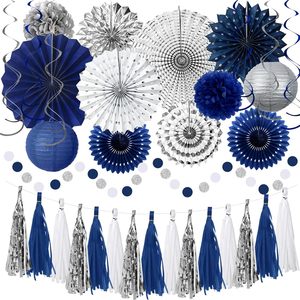 Décorations de fête bleues et argentées, ensemble de lanternes en papier suspendues, éventails, pompons, guirlandes bleues, décorations d'<span class=keywords><strong>anniversaire</strong></span> pour hommes et garçons - Product Image 1
