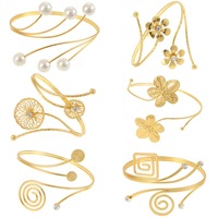 Al por mayor Brazalete de moda de metal dorado para mujer, de verano, con diseño floral exagerado, perlas, espiral y geométrico, brazalete abierto superior