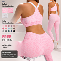 Ensemble de vêtements de sport pour femmes personnalisé, spandex, polyester, imprimé léopard rose, deux pièces, soutien-gorge de sport, leggings taille haute, vêtements de sport pour la gym et le yoga