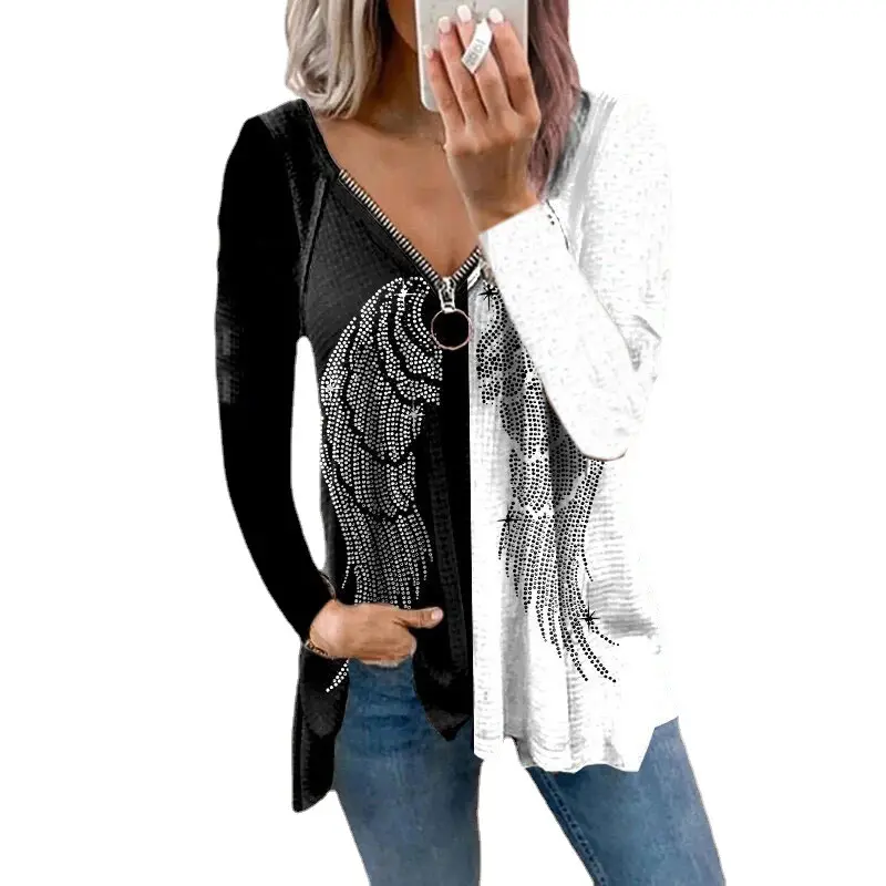 यूरोपीय और अमेरिकी शरद ऋतु और सर्दियों वि गर्दन महिलाओं के जिपर स्वेटर मुद्रण ढीली टी-शर्ट महिलाओं की लंबी बांह की कमीज महिलाओं की