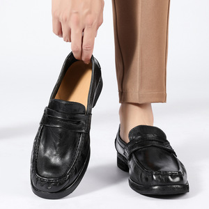 Zapatos de Vestir Negros de Cuero Genuino con Punta Redonda, Sin Cordones, Acolchados, para Todas las Temporadas, Suela de Goma, Entresuela de EVA, Envío Directo - Product Image 5