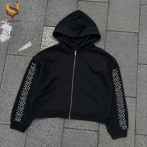 Sweat à capuche zippé oversize en molleton bouclette épais, coupe carrée et courte, avec strass, style streetwear, sans taxes américaines, pour homme - Product Image 1