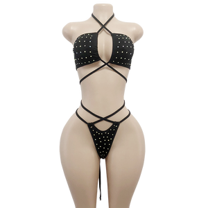Conjunto de leotardo de dos piezas de spandex con top de tubo y pedrería para mujer, lencería sexy para baile de salón - Product Image 1