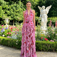 Robe longue élégante à col halter, motif floral, volants, sans manches, dos nu, fente, pour la plage, les vacances, les soirées, taille haute, coupe trapèze, pour femme