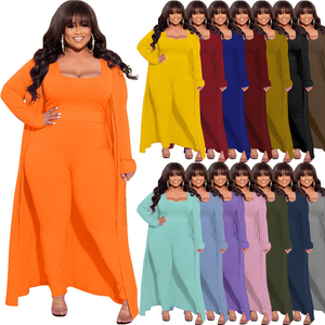 Channel Primavera Otoño Mujer Acanalado Knit Crop Tank Top Legging Plus Size 3 Piece Loungewear Set Con Cardigan - Product Image 1