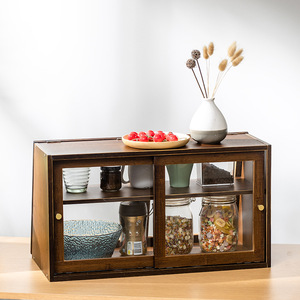 Solid Wood Desktop <b>Sideboard</b> Cabinet With Glass Doors <b>Kitchen</b> Storage Organizer <b>For</b> Countertop Use - Product Image 3