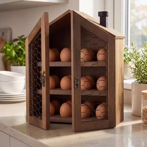 Support de rangement pour œufs en forme de maison en bois, double porte, décoration de cuisine, préservation de la fraîcheur, étagère divisée - Product Image 1