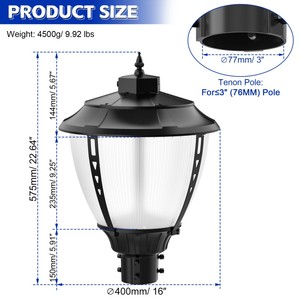 LED Garden & Street IP65 Post Top Light 60-200W AC Aluminum Outdoor Backyard Dusk to Dawn 5-Year Warranty ETL DLC - Product Image 6