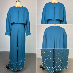 ชุดเสื้อผ้าแฟชั่นฤดูร้อนสำหรับ<span class=keywords><strong>ผู้หญิง</strong></span> HK72258 <span class=keywords><strong>เสื้อ</strong></span>คอโอแขนทรงโคมแบบไม่สมมาตร + กางเกงขายาวประดับลูกปัด ชุดสองชิ้น - Product Image 6