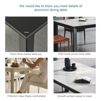 Table à manger moderne en aluminium avec plateau en marbre pour 8 personnes, finition noire en poudre, design minimaliste, convertible, utilisation hôtelière