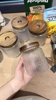 Pot de conservation hermétique en verre martelé transparent avec couvercle en bois d'acacia, écologique, empilable, design bouteille, pour le stockage alimentaire