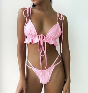 Women Black Deep V Neck Bikini Set With Ruffles Halter Lace Up <b>Thong</b> Bottom Swimwear Two Piece Swimsuit - Product Image 2