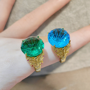 Mujeres oro tallado artesanía arco fuegos artificiales corte esmeralda verde azul anillo azul marino anillo para damas - Product Image 1