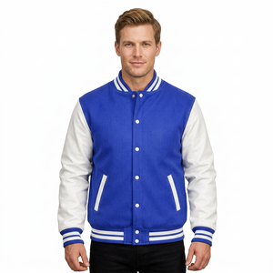 <b>Men's</b> Blue <b>White</b> Varsity <b>Jacket</b> Preppy Style Turn-down Collar Genuine Leather Button Front Regular Fit Breathable Windproof - Product Image 1