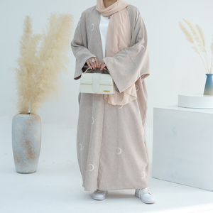 Abaya ouverte brodée motif lune, Abaya traditionnelle musulmane, Vêtement islamique, Abaya ouverte, Vêtement islamique, Vêtement musulman en lin pour l'Aïd - Product Image 4