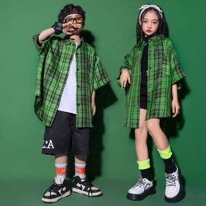 Tenues de rue pour enfants, vêtements hip-hop pour adolescents, chemise à carreaux verte surdimensionnée, shorts cargo pour fille et garçon, <span class=keywords><strong>costume</strong></span> de danse jazz - Product Image 2