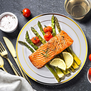<span class=keywords><strong>Vajilla</strong></span> desechable de lujo de 60 unidades, platos de cena de plástico con bordes dorados y plateados reutilizables para bodas, eventos de catering - Product Image 4