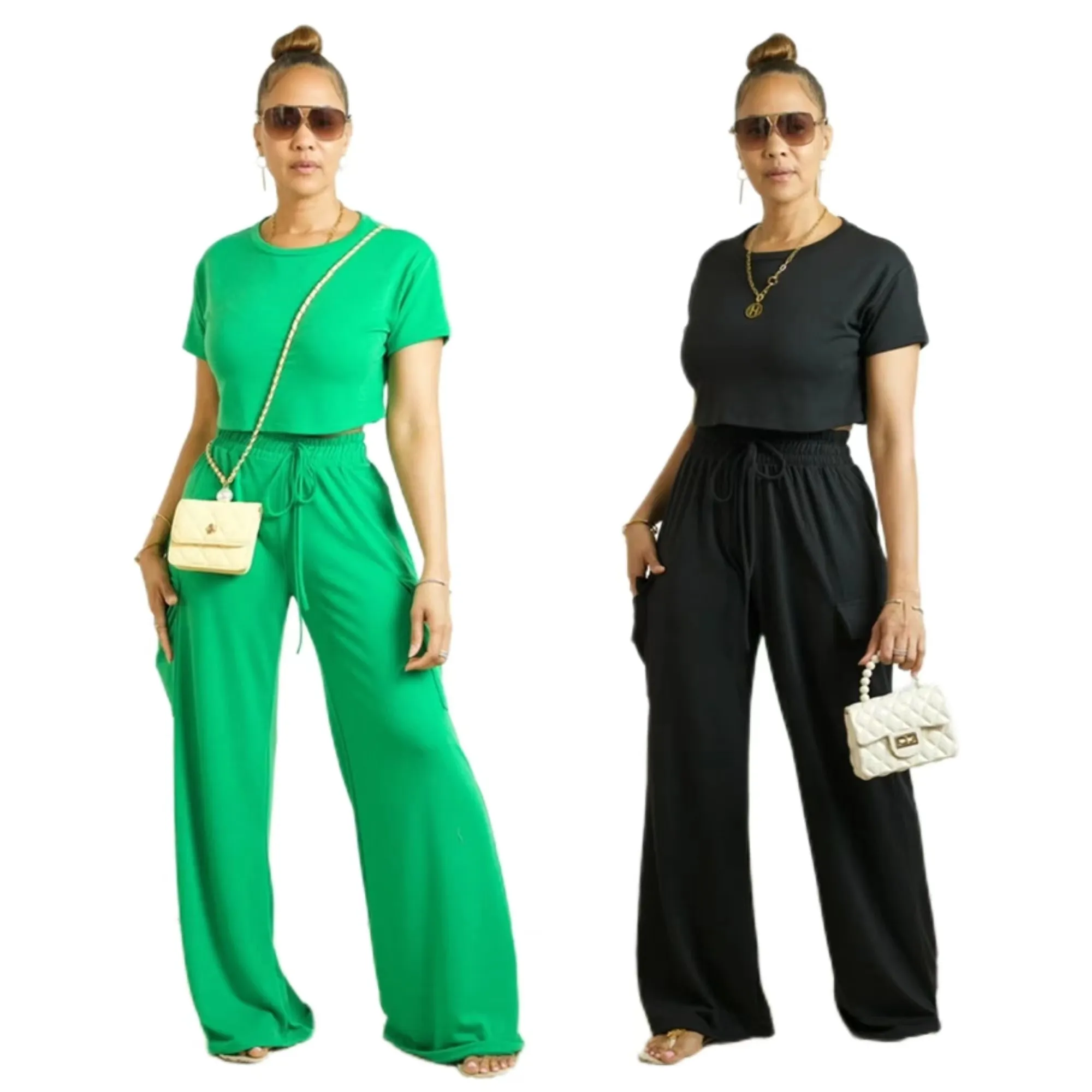 Latest Design Womens 2 Piece Set Patchwork Casual Two Piece Set Short Sleeve Crop Top And High Waist Loose Pants Set