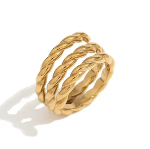 New Chunky Stainless Steel Gold Plated Multi Three Layer Ropes Chain Twist Open Adjustable Rings