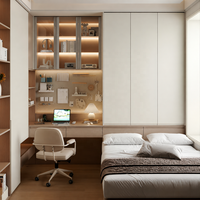 Lit plateforme Tatami Japandi personnalisé avec bureau intégré et armoires murales, ensemble de chambre à coucher en bois massif gain de place pour appartements