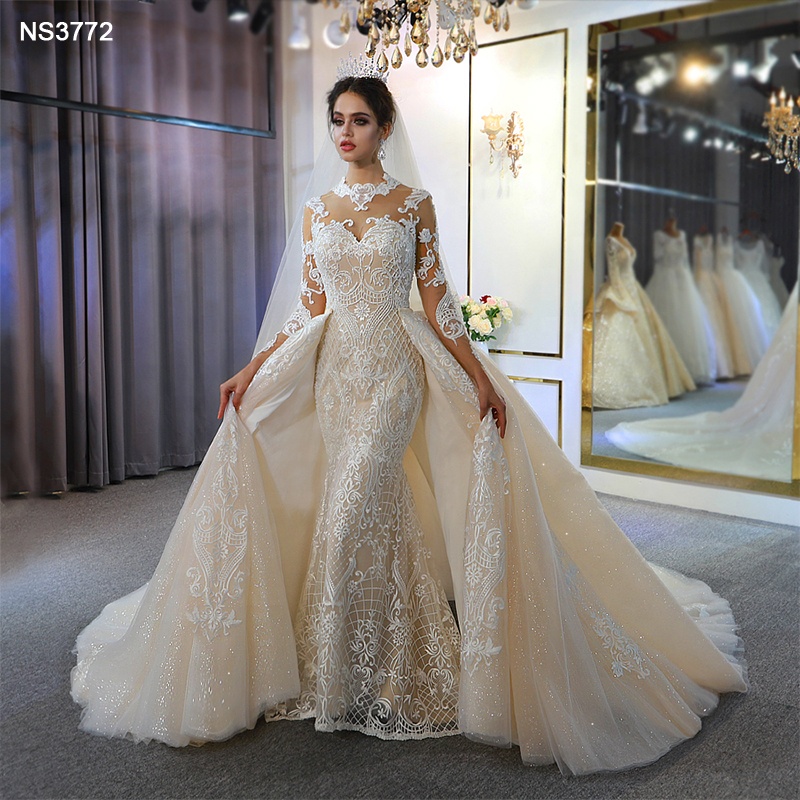 champagne glitter wedding dress Amazing Embroidery Champagne Sparkly Wedding Dress with Sleeves A Line –  cathyprom main image 0