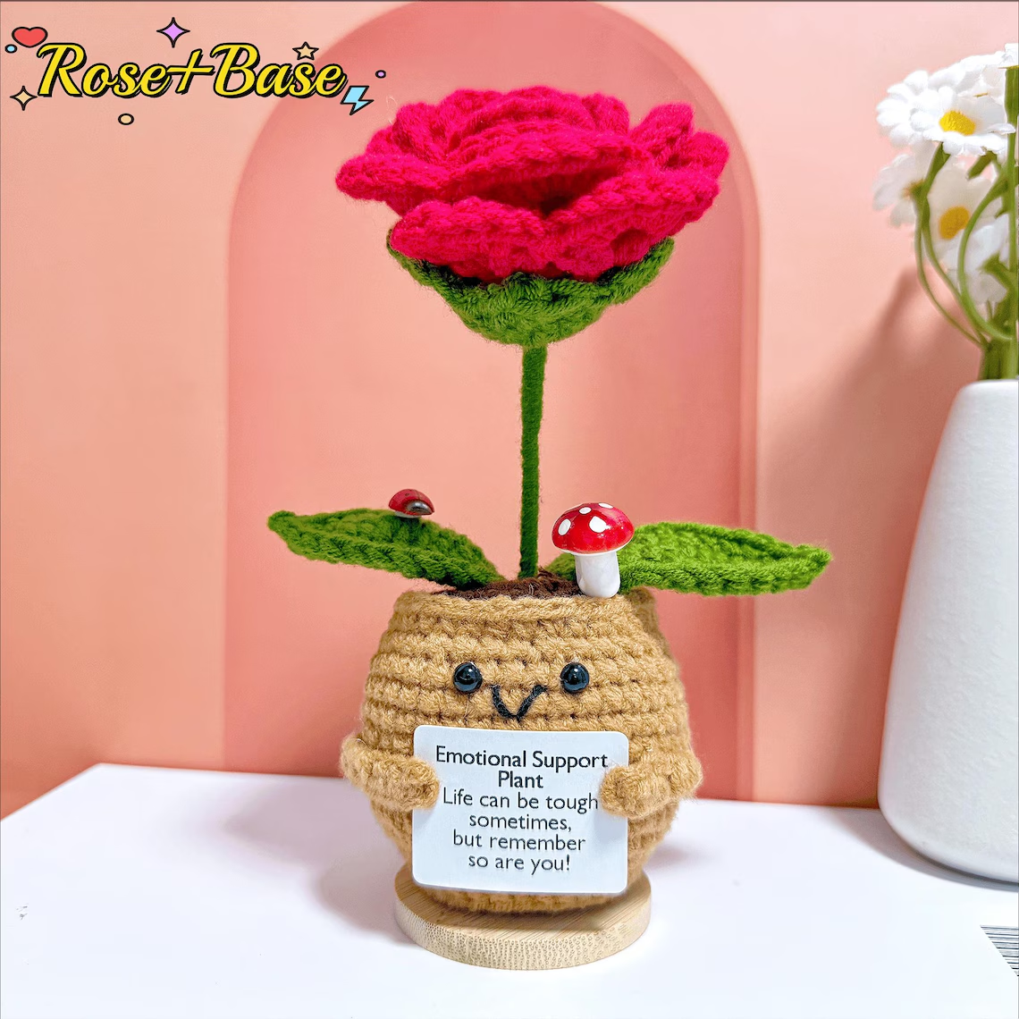 Red-2 crochet rose potted plant
