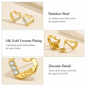 ต่างหูรูปหัวใจ LOVE สแตนเลสสตีล ชุบทอง 14K แบบสุญญากาศ ประดับเพชรเซอร์โคเนียใส รูปหัวใจเปิด - Product Image 4