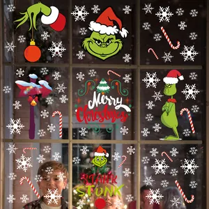 9 أوراق ملصقات كرتونية لعيد الميلاد ملصقات للنوافذ مزدوجة الجانب بلون الرنة ندفات ثلجية ديكورات لعرض نوافذ المتاجر
