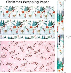 Papel de regalo navideño de doble cara con diseño de muñeco de nieve y árbol de Navidad en verde y rosa, con patrón de letras y revestimiento de aluminio. - Product Image 2