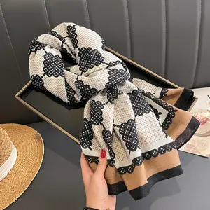 Ready To Ship 2024 Luxury Designer Soft Cotton Linen Head Wraps Scarves Women European Fashion Geometric Viscose Printed Shawls