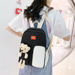 Clbd Nylon <b>Backpack</b> 15 Inches Solid Color With Bear Plush Toy For <b>Student</b> School Use - Product Image 4