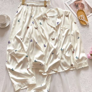 Nouveau <span class=keywords><strong>satin</strong></span> vêtements de nuit dessin animé pyjamas mujer papillon mignon pour les femmes glace soie à manches longues pantalons longs homewear costume - Product Image 1