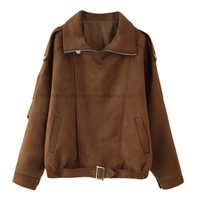 Women's Suede Moto Belted Waist Lapel Collar Casual Streetwear Outerwear Fashion - Product Image 5