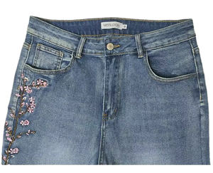 Pantalones Casuales de Algodón Orgánico Sostenible para Mujer, Pantalones de Mezclilla Ecológicos de Cintura Alta, Rectos, con Bordado Floral Vintage de Verano - Product Image 1