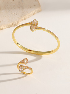 Conjunto de Pulsera y Anillo Abierto de Diseño de <span class=keywords><strong>Abanico</strong></span> de Lujo Ligero con Zirconia, Chapado en Oro de Latón, Unisex, para Parejas, Regalo de Boda y Compromiso - Product Image 4