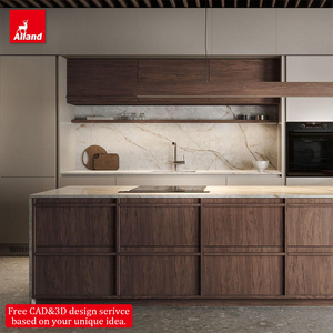 Aparador Alland Wabi Sabi Nuevo, Estilo Natural Delgado, Chapa de Madera de Nogal <span class=keywords><strong>Americano</strong></span> Oscuro, Mueble de Cocina Japandi con Isla de Mármol - Product Image 1