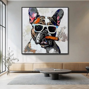 Peint à la main acrylique 100% moderne <span class=keywords><strong>toile</strong></span> Pop Art Animal Graffiti bouledogue <span class=keywords><strong>patron</strong></span> portant des lunettes de soleil encadré prêt accrocher décoration murale - Product Image 5