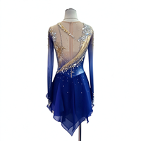 Robe de patinage artistique bleu roi asymétrique à une épaule, manches longues en maille, strass dorés pour enfants et adultes, compétition et performance