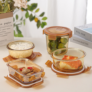 Bol rond en verre écologique au design moderne avec couvercle Boîte à lunch en ambre naturel Récipient alimentaire résistant à la chaleur pour les voyages - Product Image 5