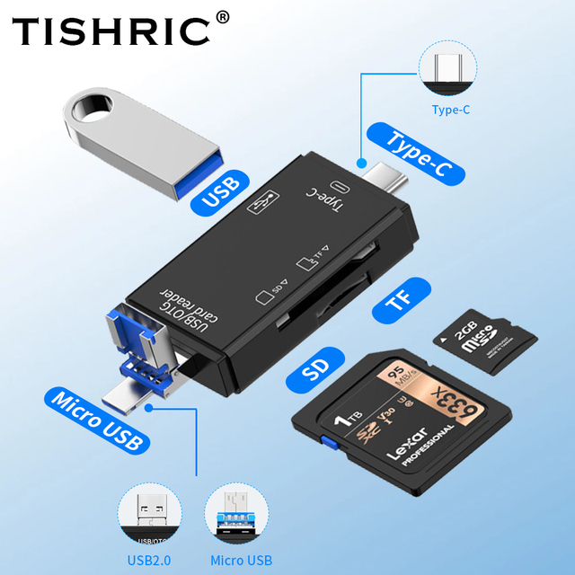 TISHRIC 6in1 for Micro SD Card Reader External USB2.0 Type C OTG Smart Adapter for PC Laptop TF Memory Adapter with OTG Cable