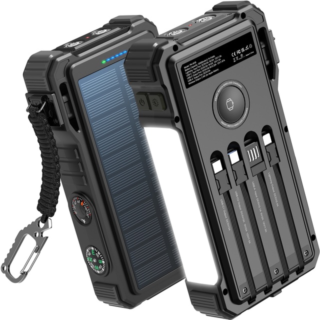 20000mAh High Capacity Portable Solar Charging Power Bank PD 20W Fast Phone Watch Charger 4 Cables Compass for Outdoor Camping