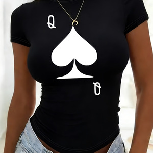 Camiseta de Mujer Casual con Logo OEM de Fábrica, Sexy, Estilo Pullover, Verano, Largo Medio, Cuello Redondo, Estampado de Ases de Picas, Manga Corta, Color Negro - Product Image 6