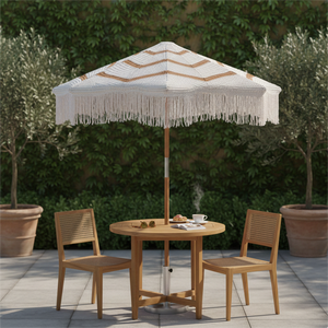 Verona Macrame Parasol Outdoor Tropical Decorative Fringe Natural Teak Pole Anti-UV Sun Protection <b>Base</b> - Product Image 1