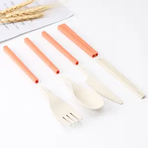Camping Travel Reusable Flatware Fork Knife Tube Chopsticks Spoon Tableware Portable Wheat Straw Cutlery Set With Case