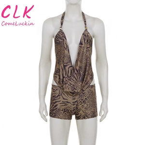 New Sexy Leopard Print Digital Printing Halter Neck Backlesstop Summer Knitting Breathable Knee <strong>Shorts</strong> <strong>Suit</strong> <strong>Women</strong> 2 Piece Set - Product Image 1