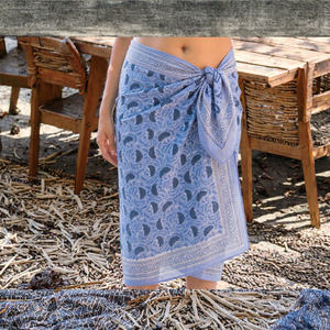 Blue Floral Print Chiffon <b>Sarong</b> <b>Wrap</b> Skirt With Bow Tie Midi Length Beach Cover Up - Product Image 3