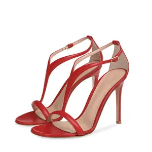 Sepatu Pesta Hak Tinggi Wanita, Sandal Ujung Terbuka Stiletto Tali Gesper Merah Elegan Musim Panas untuk Perempuan