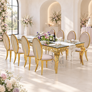 Table de banquet rectangulaire de luxe en acier inoxydable doré avec manteau de table décoratif découpé pour événements de mariage - Product Image 2